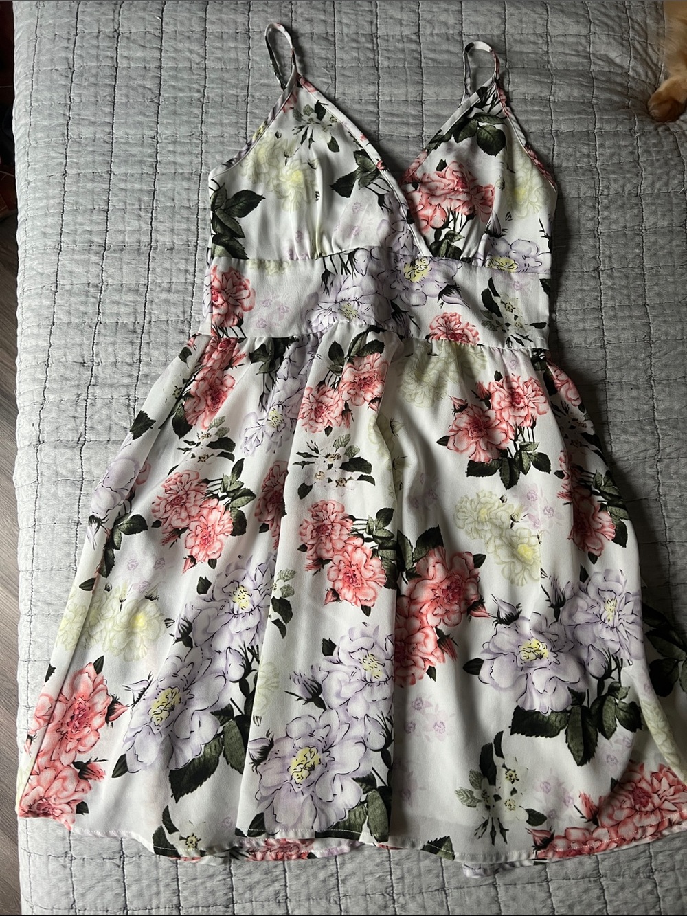 SHEIN White Floral Midi Dress with Pink, Purple & Green Print